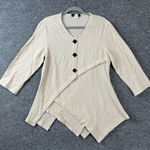 Yushi Womens Tunic Sz Small Art-to-Wear Cream Modernist Funky Shirt Crinkled 3/4